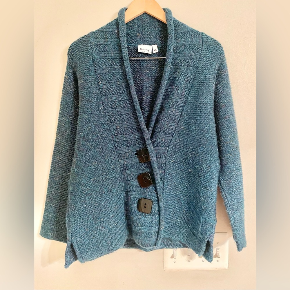 Habitat Button Front Teal Knit Cardigan Sweater Sz M/L Large Square Buttons- EUC